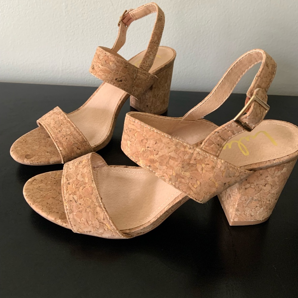 Lulus cork block high heel strappy sandals. NWT
